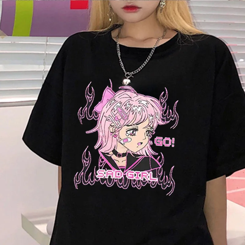 

Camiseta feminina estampa de anime grunge, camiseta steampunk solta gótica feminina harajuku, roupa de verão e-girl, kawaii y2k,
