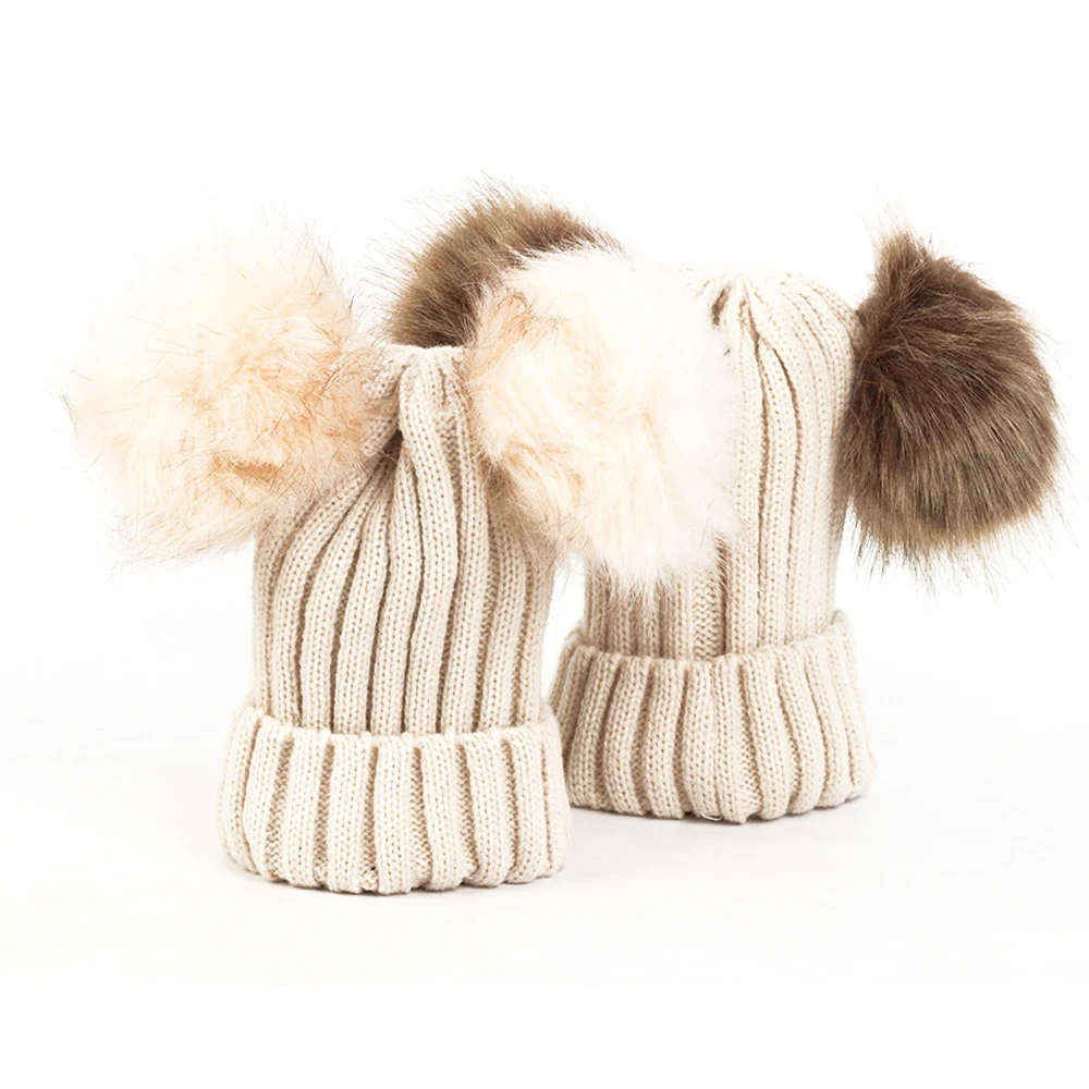 

Kids Baby Beanie Hat Cap Boys Girls Winter Warm Double Fur Pom Knitted Bobble UK