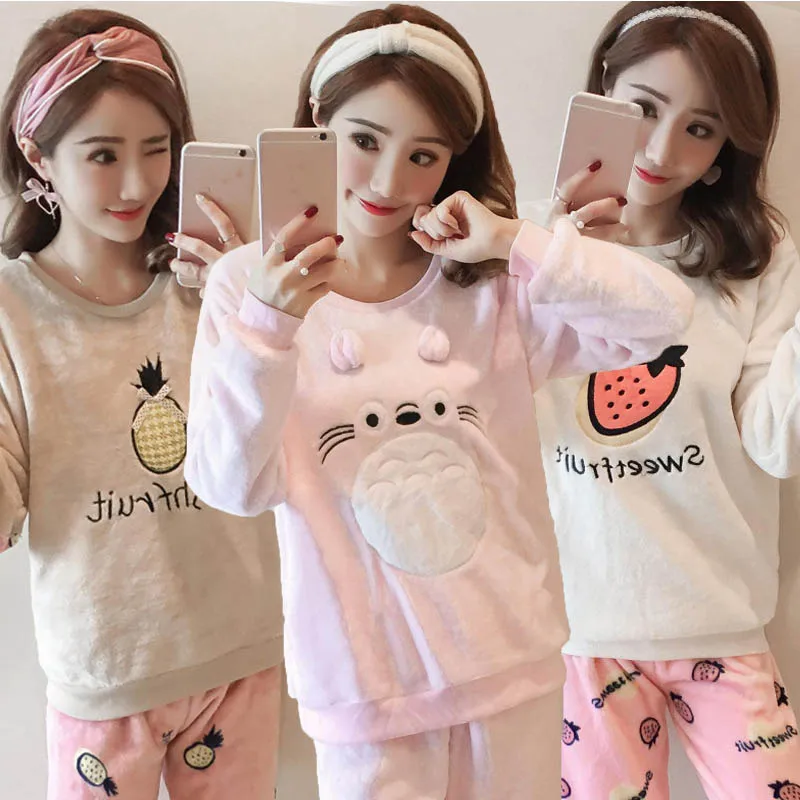 Женский пижамный комплект теплая Фланелевая пижама длинные штаны Пижама для сна