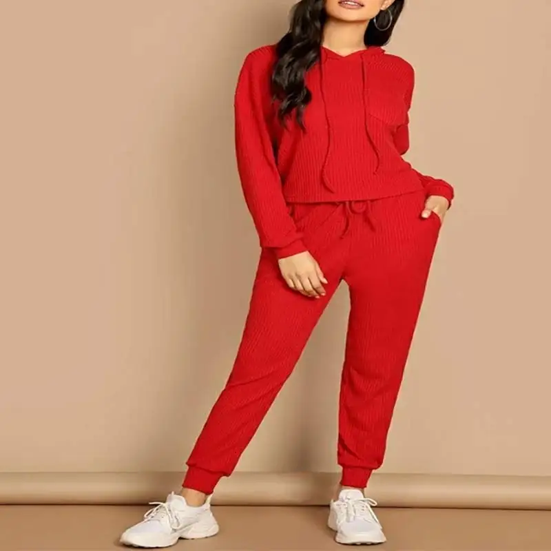 

Pure Color Long Sleeve Knit Hoodie Jumper Set Lady Fall 2021 Casual Fashion Pants Set