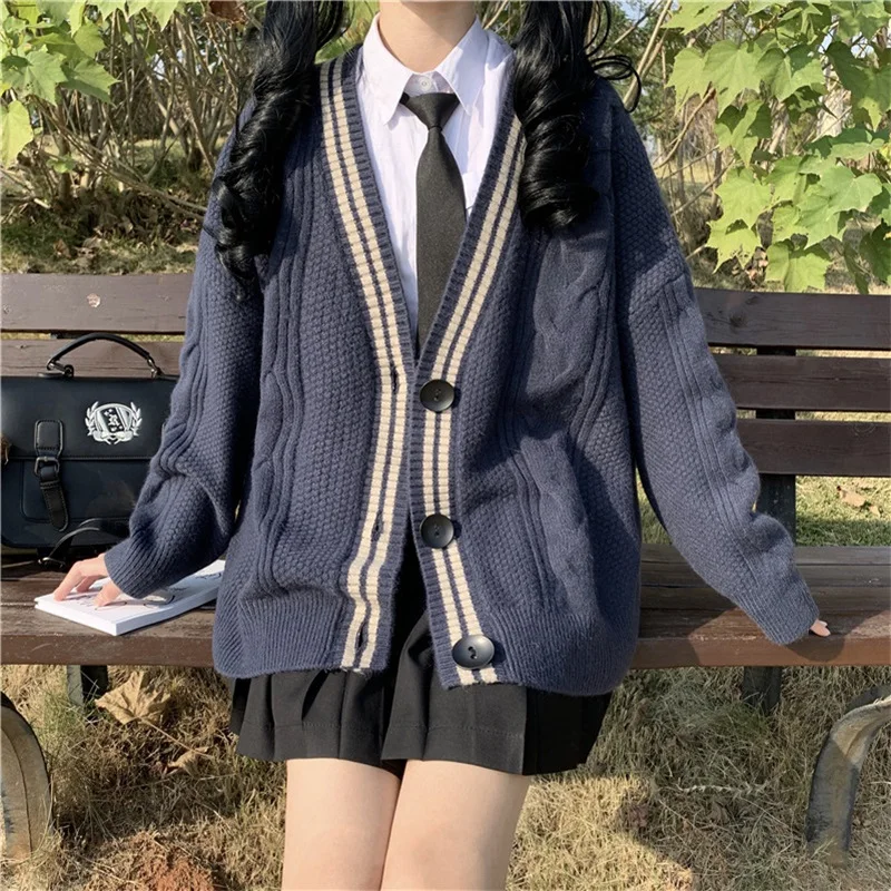 

Japanese Sweet Girly Khaki Navy Women Sweater Autumn Winter Elegant Cardigan Student Loose Knitting Jk Student Uniforms Sweaters