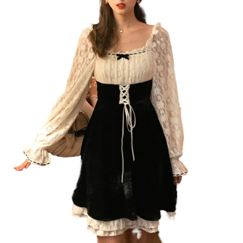 

Женское винтажное кружевное платье DA, элегантное приталенное платье во французском стиле ретро, повседневное милое платье в Корейском стил...