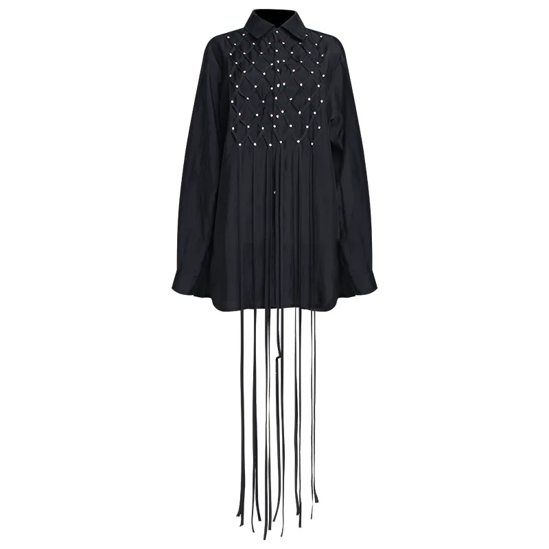 

[DEAT] Lapel Collar Solid Top Nail Drill Tassel Long Sleeve Shirt Women Independent Mall Goth 2021 Spring And Summer GX904