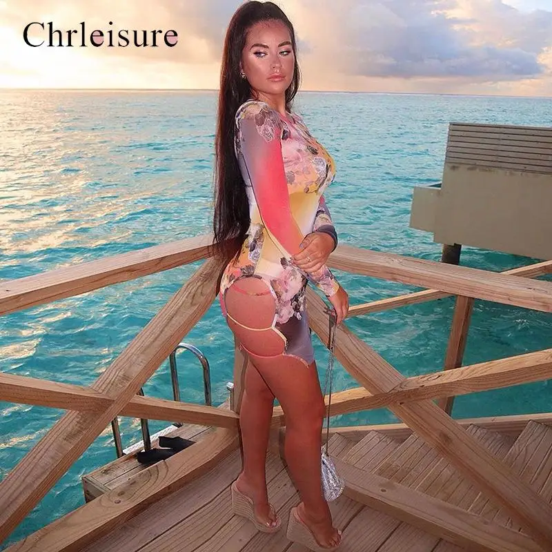 Summer Mesh Dress Women Round Neck Long-Sleeve Dresses Sexy Side Split Nightclub Print SeeThrough | Женская одежда