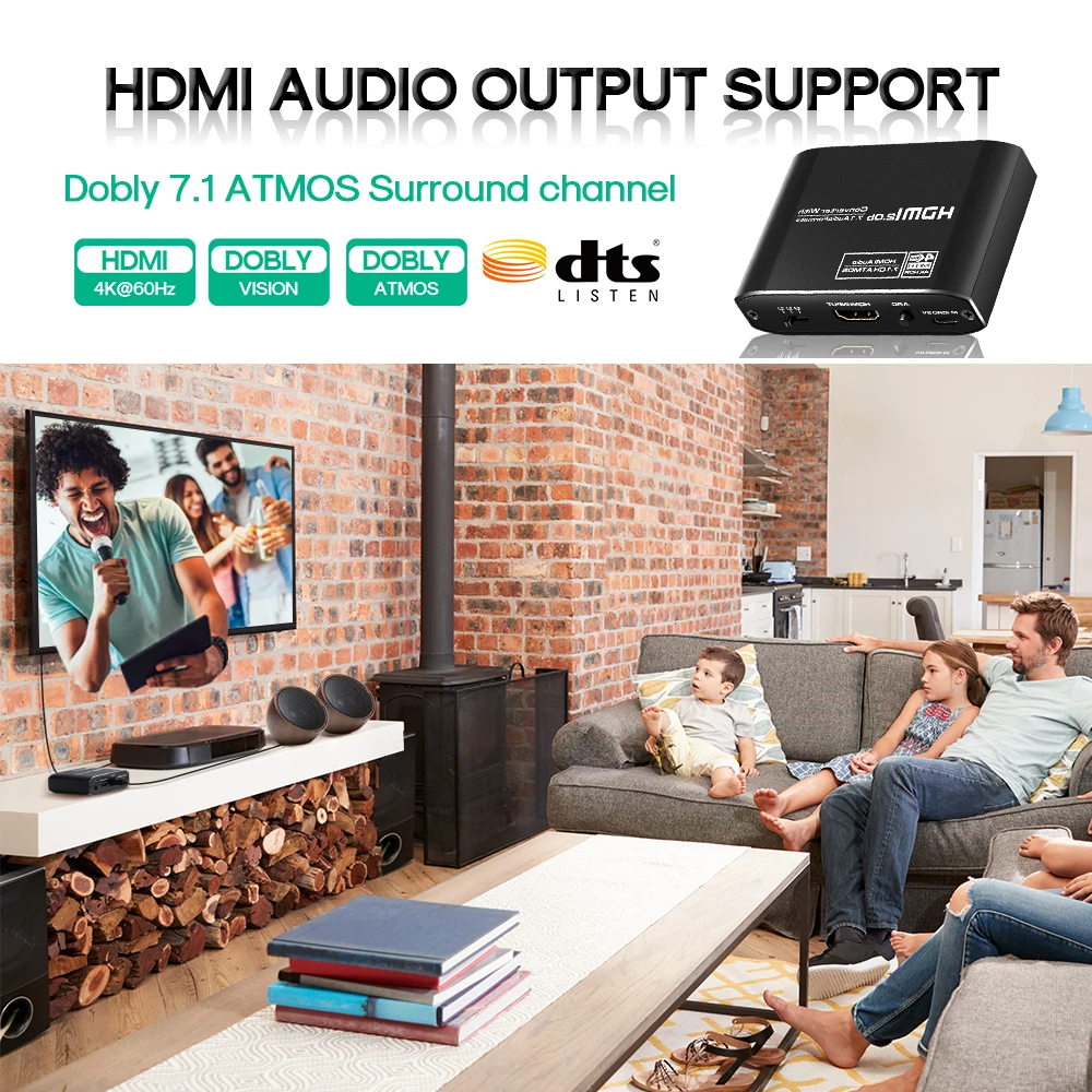 Конвертер HDMI 2.0b 4K 60 Гц с экстрактором аудио и поддержкой канала Dobly 7.1 ATMOS Surround, HD-MI на оптический TOSLINK SPDIF.