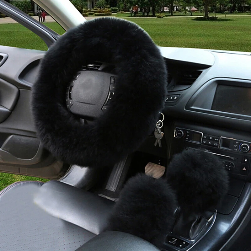 

3pcs/Set High Quality Artificial Fur Car Auto Long Plush Warm Steering Wheel Handbrake Cover