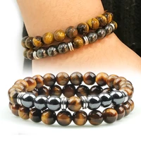 new 2pcs men tiger eye stone bracelet charm hematite natural lava rock beads strand bracelets bangles for women energy jewelry