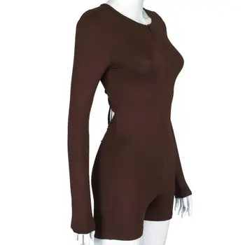 Women Slim-fit Zipper Jumpsuit Long Sleeve Brown Shirt Sexy Summer Casual Wear 1