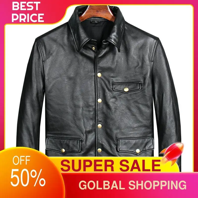 

2021 Black Business Casual Style Genuine Leather Jacket Men Plus Size 4XL Single Breasted Real Natural Cowhide Spring Coat