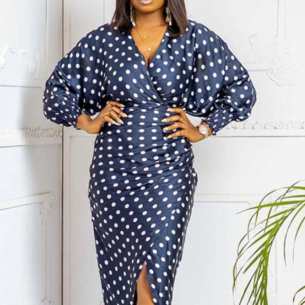 

Spring African Dress 2021 New Arrivals Women Clothing Sexy Split Bodycon Vestidos Female Polka Dot Print Mid-length Office Dress