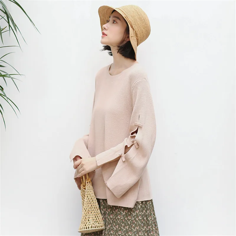 

2021 New Spring Women Tops Simply Solid Knitted Pullovers O-neck Side Slit Long Sleeve Cotton Korean Fashion Style Female Tops