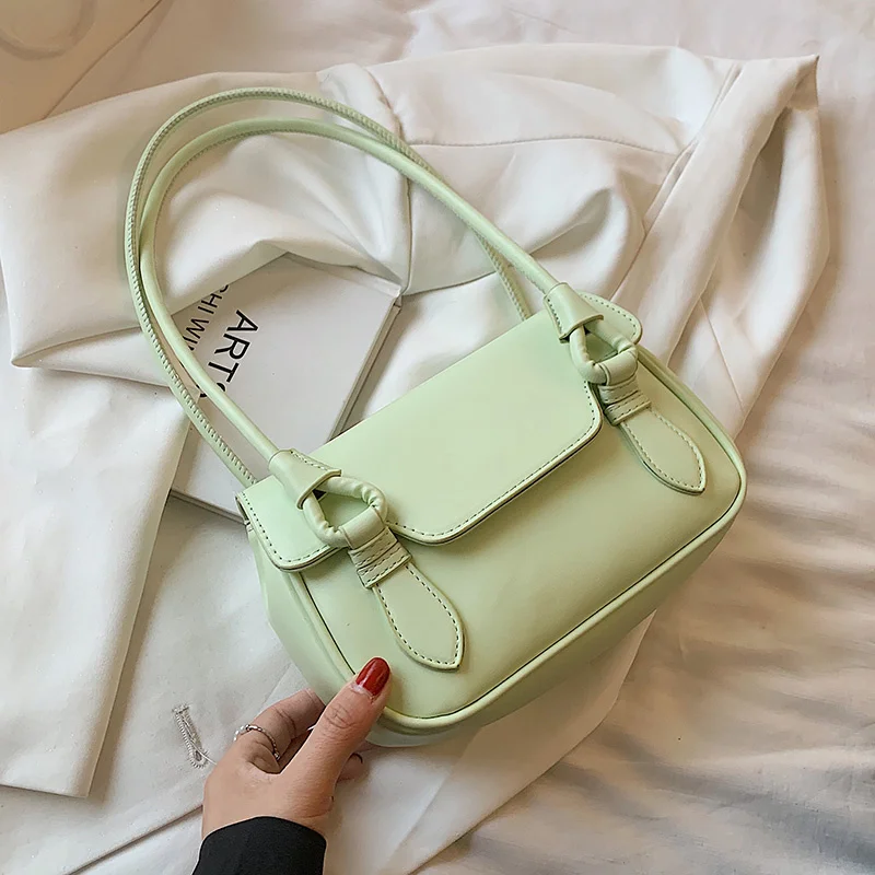 

Green Small PU Leather Shoulder Bag with Short Handles for Women 2021 Summer Fashion Luxury Baguette Underarm Handbags