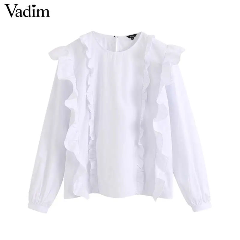 Vadim милый женский с оборками белые блузки длинным рукавом круглым вырезом
