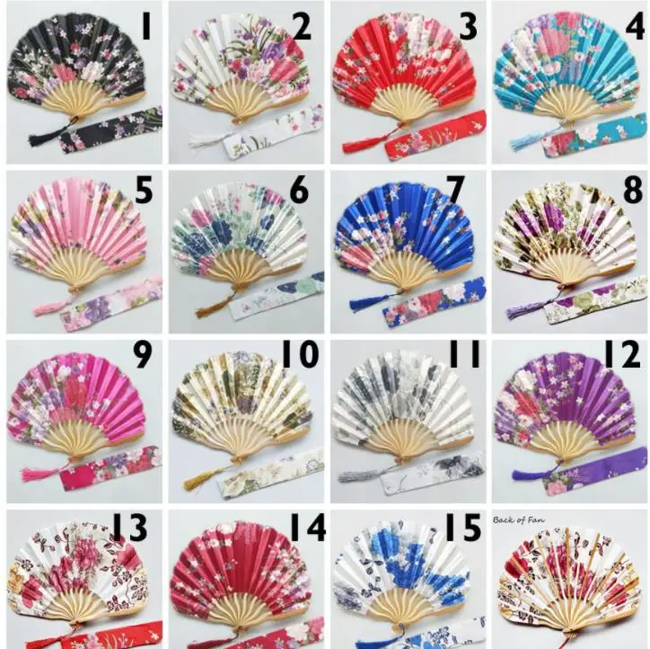 

Free Shipping 100pcs Personalized Cherry Blossom Design Round Cloth Folding Hand Fan with Gift bag Wedding Gifts for Guests SN