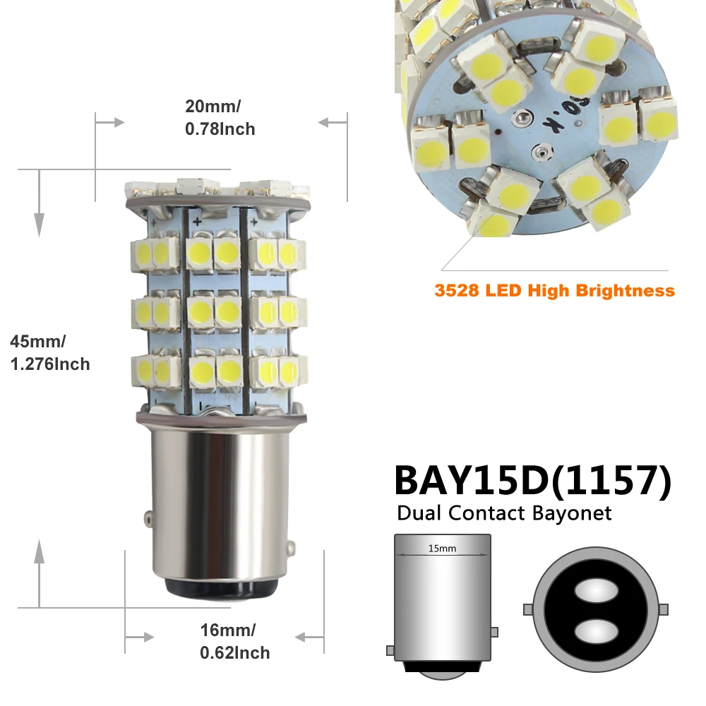 20 шт. BAY15D 1157 LED 60 SMD 3528 Светодиодные лампы белые супер яркие автомобильные задние