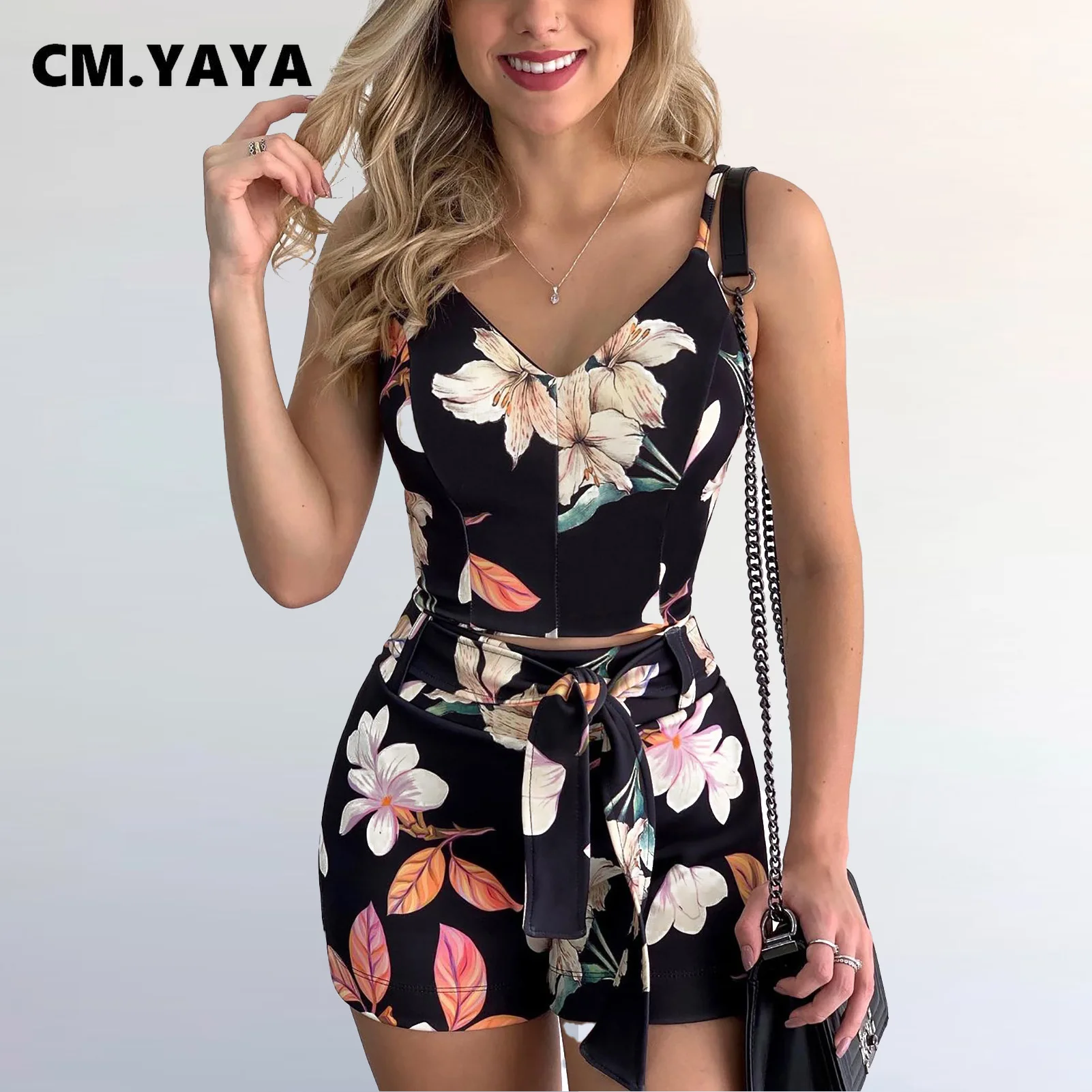 

Женский спортивный костюм CM.YAYA, майка и шорты с цветочным принтом, комплект из двух предметов, пляжный костюм в стиле бохо, лето