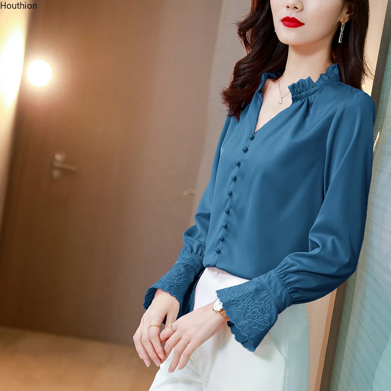 

Women's Blouses Chiffon Casual Silk Shirt Korean Loose Plus Size Fashion Long Sleeve Top V-neck Summer Lady Shirts Houthion