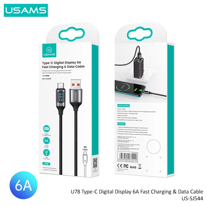 Кабель для быстрой зарядки USAMS 100 Вт 6 А со светодиодным дисплеем USB A C на Type