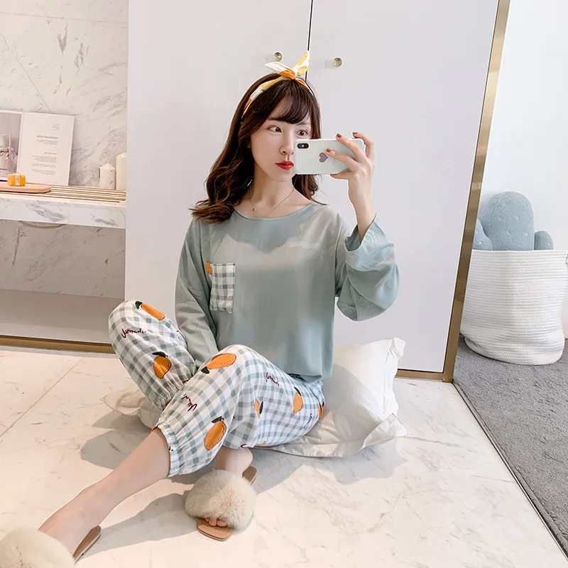 

2021 New Spring and Summer Pajamas Women's Two Piece Long Sleeve Cotton Silk Household Women's Wear Female Pyjamas Sleep Tops