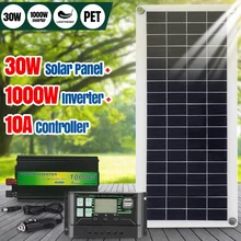 220V Solar Power System 30W Solar Panel Battery Charger 220/1000W Inverter USB Kit Complete Controller Home Grid Camp Phone PAD