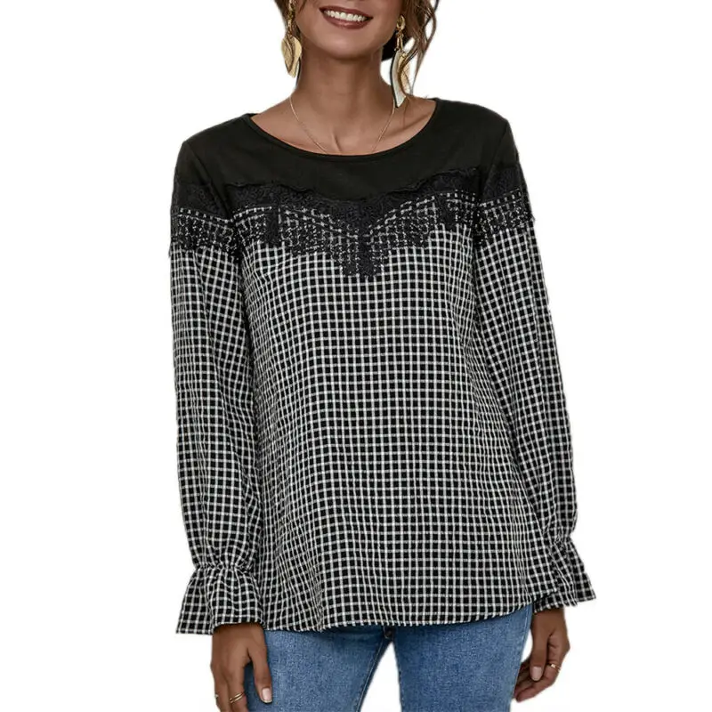 

Women Lace Plaid T-Shirt Blouse Casual Flared Long Sleeve Office Tunic Shirt Top