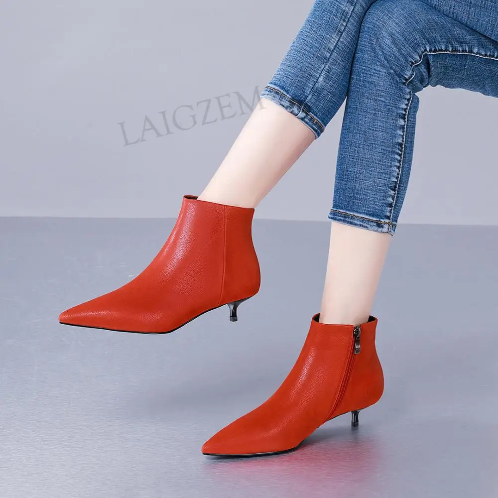 

LAIGZEM Women Ankle Booties Genuine LEATHER Kitten Heels Side Zip Boots Ladies Dress Shoes Woman Femmes Bottes Size 33 38 39 40