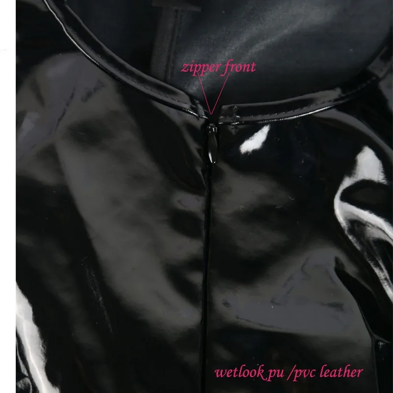 Plus Size Black Faux leather Jumpsuit Long Sleeve Women PU Wetlook PVC Catsuit Leather Bodysuits Tight Leotards