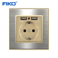 fiko black dual usb charging port 5v 2 1a wall charger adapter led indicator 16a eu socket power outlet stainless steel panel