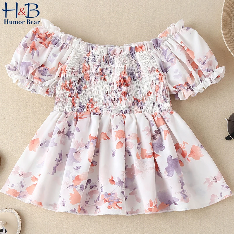 

Детская рубашка Humor Bear, Новинка лета 2022, блузки для девочек с милыми цветами, сетчатый лоскутный топ с пышными рукавами для фотографий
