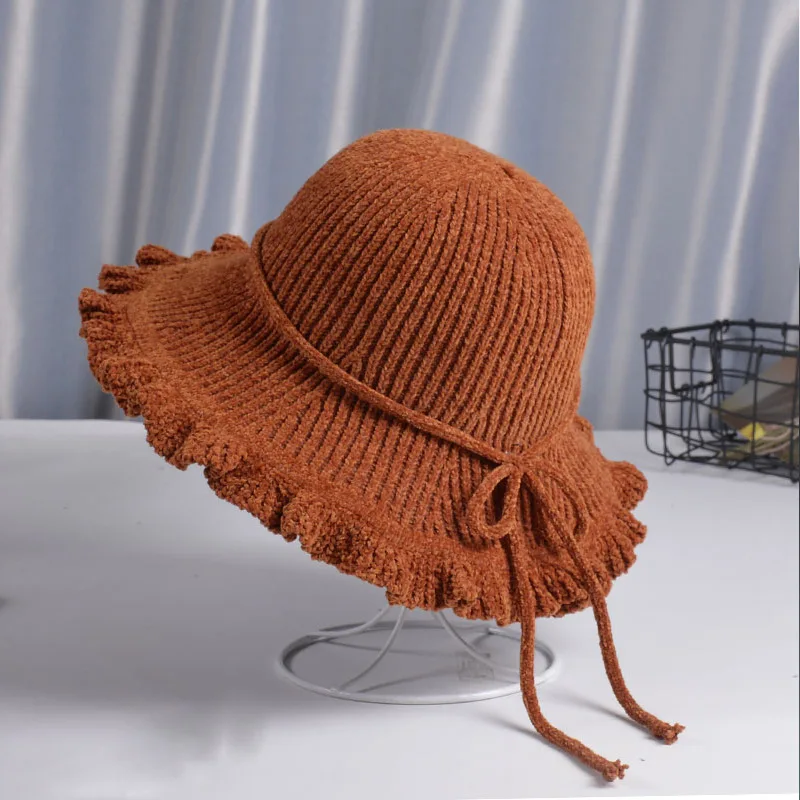 

Vintage knitting chenille basin hat Bucket Hat basin hat Solid color hat Bucket Hat Women autumn winter fisherman hat