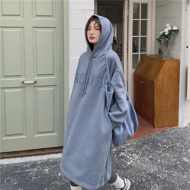 

Spring Autumn Korean Style Women's Solid Color Loose Casual Hooded Pullover Over-The-Knee Sweater Dress