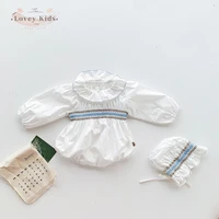 2021 summer baby girl bodysuits long sleeve sweet peter pan collar knitting overalls hats 2pcs set infant toddler clothes