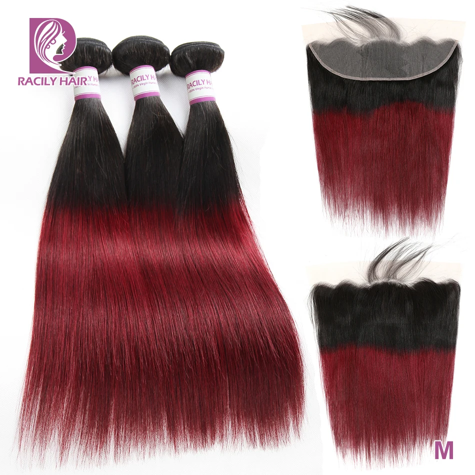 Омбре бразильские прямые волосы пучки с фронтальной Remy бордовый человеческие