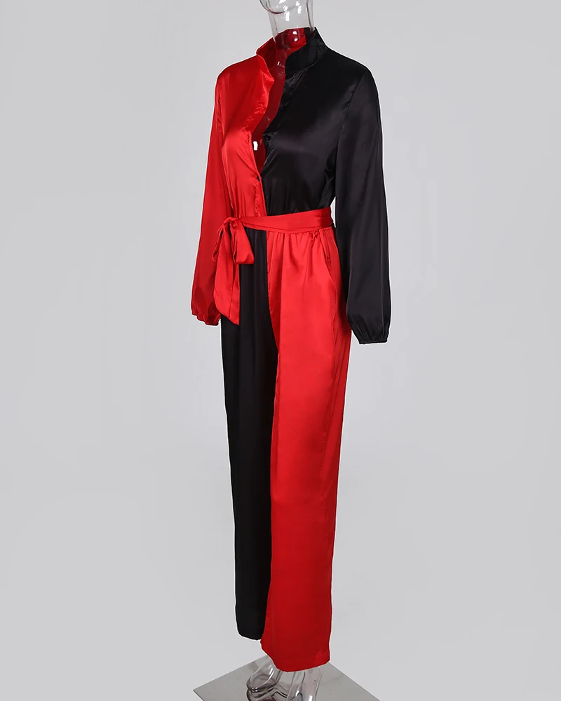 2020 Women Elegant Fashion Casual Jumpsuits Female Stylish Leisure Party Romper Colorblock Long Sleeve Knotted Jumpsuit