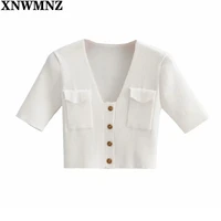 xnwmnz 2021 women fashion pockets button up knitted cropped blouses vintage v neck short sleeve female shirts blusas chic tops