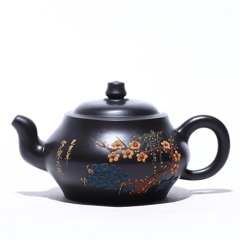 

Yixing purple clay teapot master hand painted raw ore black clay three friends tea pot tea set Hui merchant