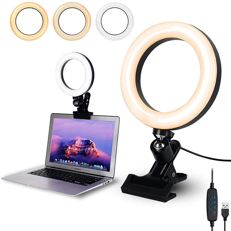

Selfie Ring Light Clip with Clamp Mount Desk Makeup Video 360 Degrees Rotatable Ring Lamp Dimmable Color Live Steam Webcam Light