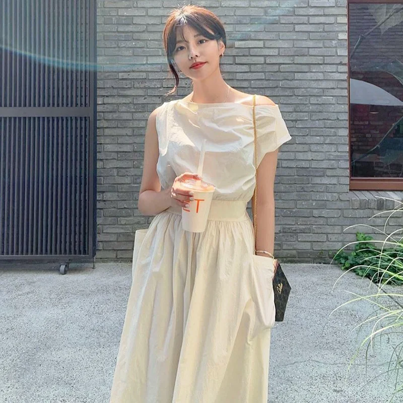 

Korean Chic French Dress Slant Collar Off Shoulder Sexy Dress Fold Waist Double Pocket Loose Sleeveless Dress Long Skirt