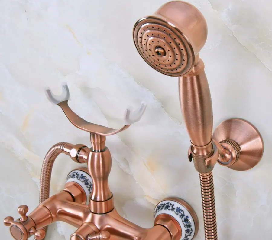 Античный красный медный смеситель с двойными перекрестными ручками для ванны и