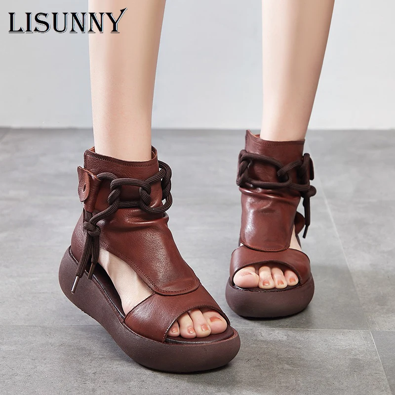 

LISUNNY New Design Fashion Women Sandals Summer Shoes 2021 Open Toe Genuine Leather Back Zipper Wedges Platform Casual Sandals