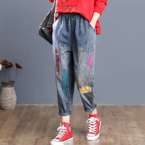 

Fat Mm Loose Large Retro Patch Denim Capris Women's Painted Splash Ink Harbor Style Versatile Harlem Pants Summer Jeans Woman