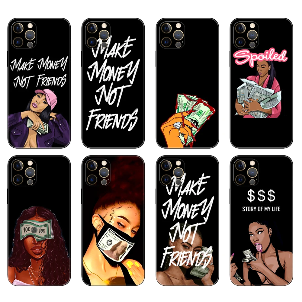 Черный чехол из ТПУ для iphone 5s, se, 6, 6s, 7, 8 plus, x, 10, XR, XS, 11, 12, mini pro MAX, задний смешной черный меланин, девушка, зарабатывающая деньги, не друзья