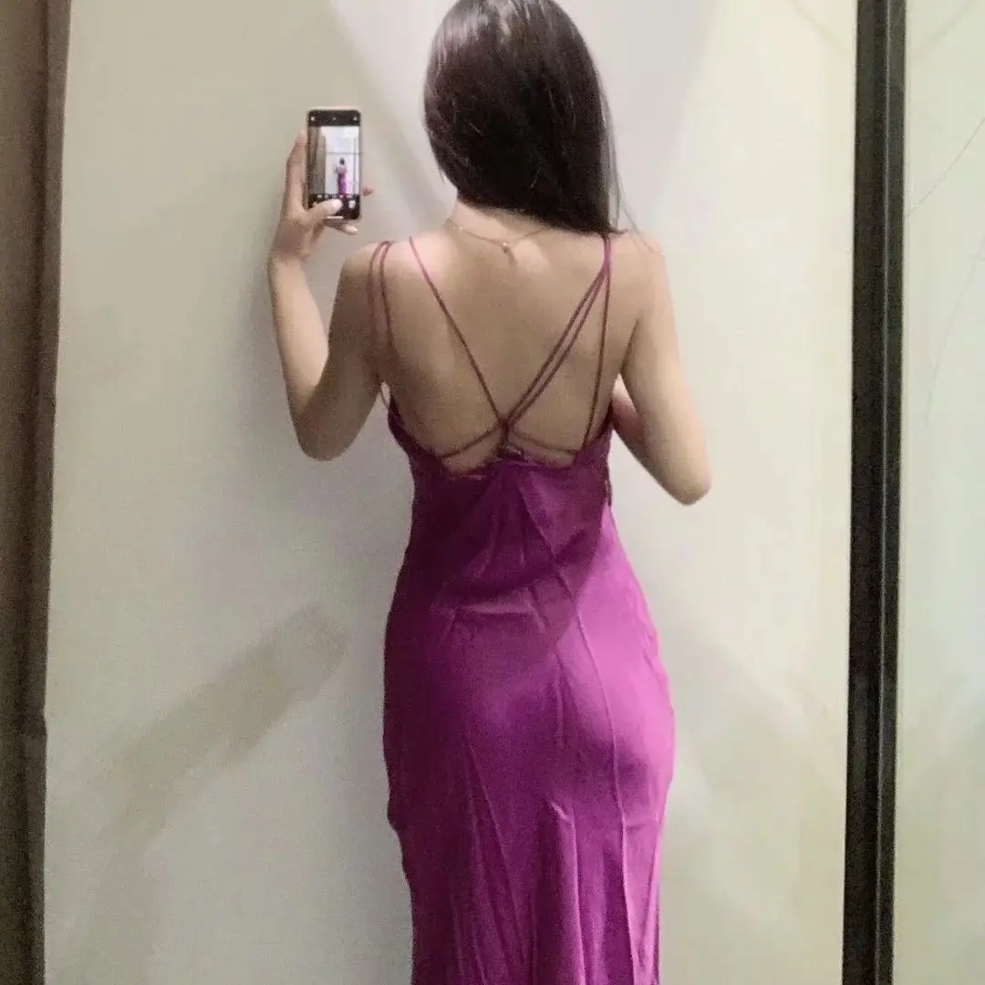 

KRSB Summer Women's Purple Long Dress Suspenders Cross Beautiful Back Design Split Sexy A-Line Vacation Casual Style