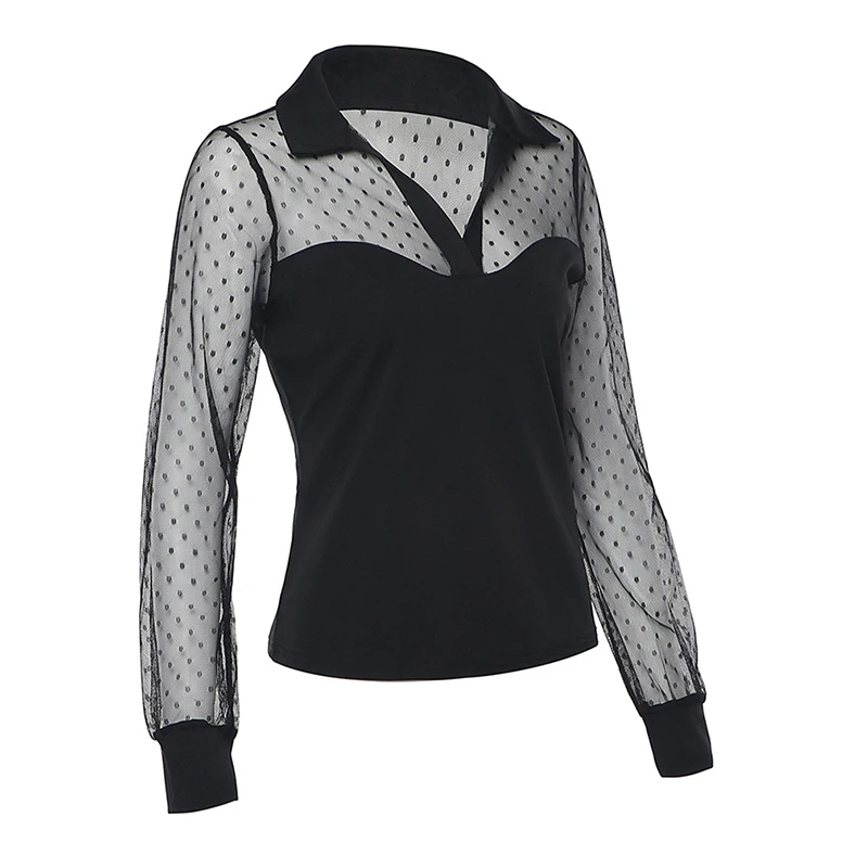 Женская сетчатая прозрачная блузка с длинным рукавом модная кружевная белая