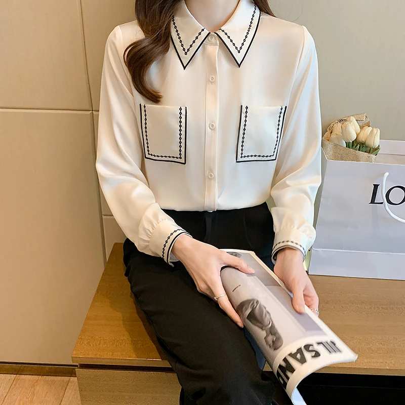 

Summer New Women's Blouses Polo Shirt Long Sleeve Top Solid Thin Girl Chiffon Casual Fashion Lady Loose Clothing Houthion