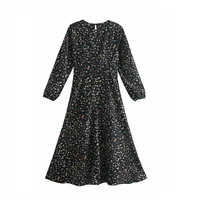 womens fashion 2021 new spring summer long sleeve small floral pattern o neck black casual print grace long dress for all match