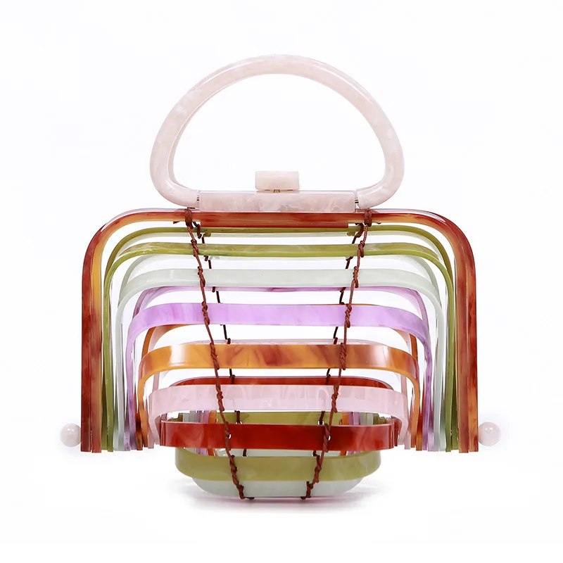2021 Fashion Designer Woven Folding Basket Handbag Ladies Hollowing Out Shell Purse High Quality Acrylic Beach Bag Women