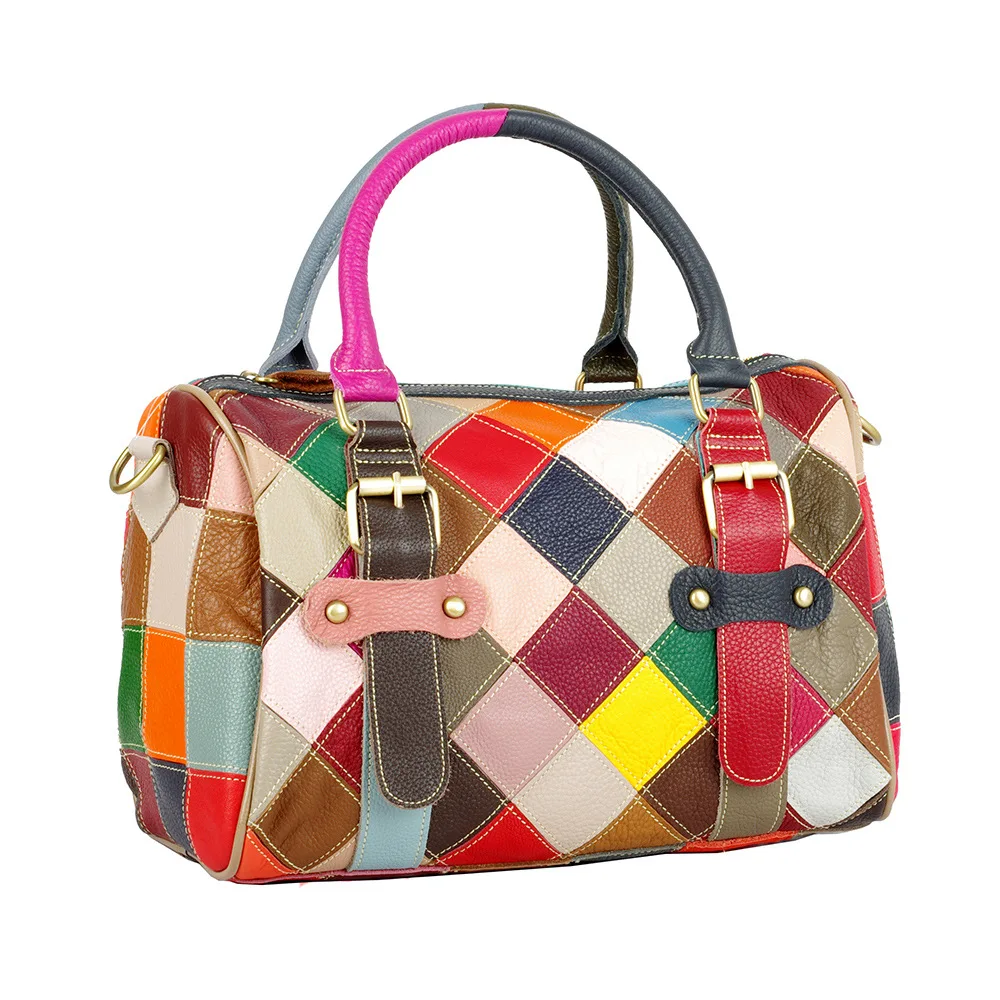 

colorful genuine leather casual tote bags patchwork boston bag