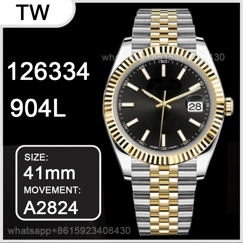 

Men's Mechanical Watch 126334 41mm 904L 1:1 Best Edition on Jubilee Oyster Bracelet 2824 Movement AAA Watch Replica Gold black