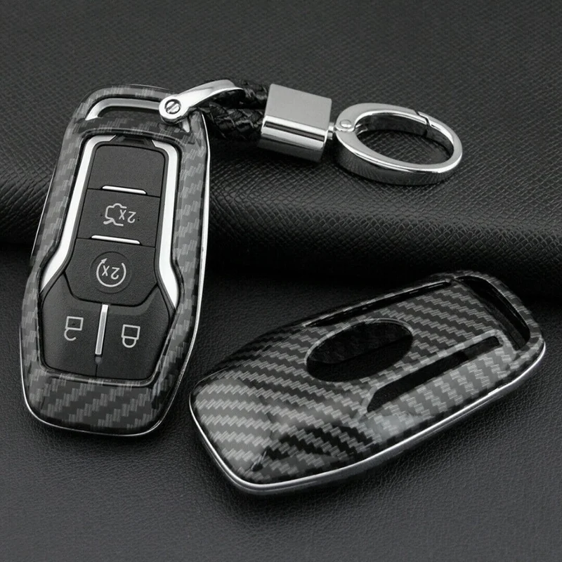 

Carbon Fiber Hard Smart Key Fob Chain Shell Cover for Ford Lincoln Accessories Case Ring Holder